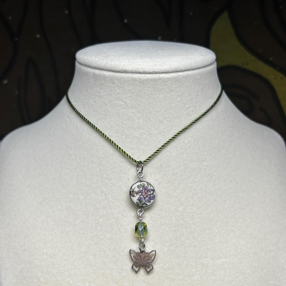 Handmade Porcelain Butterfly Necklace Floral Czech Glass Stainless Steel Jewelry